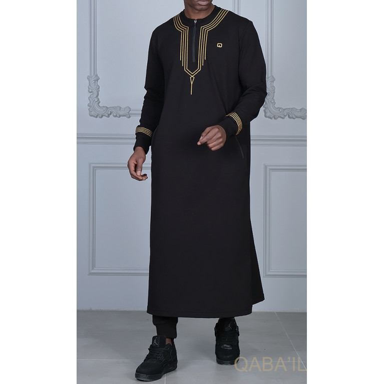 Qamis Long - Noir et Broderie Or - Qaba'il : Sham