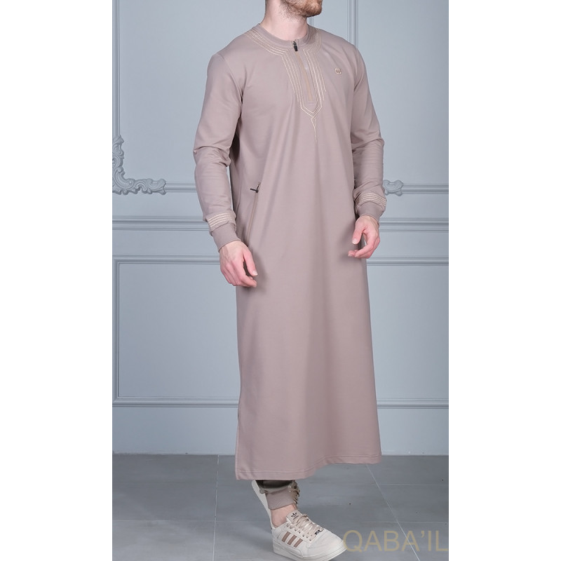 Qamis Long - Taupe et Broderie Taupe - Qaba'il : Sham