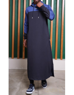 Qamis Long Delta - Bleu Nuit et Indigo - Qaba'il : Bi-Matière à Capuche