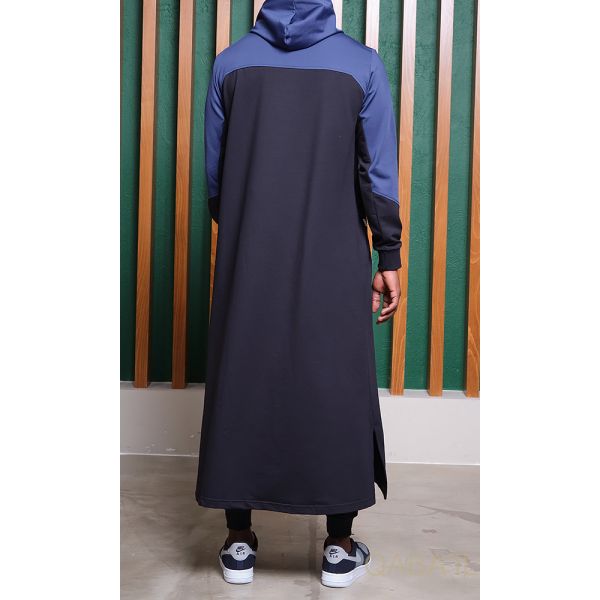Qamis Long Delta - Bleu Nuit et Indigo - Qaba'il : Bi-Matière à Capuche