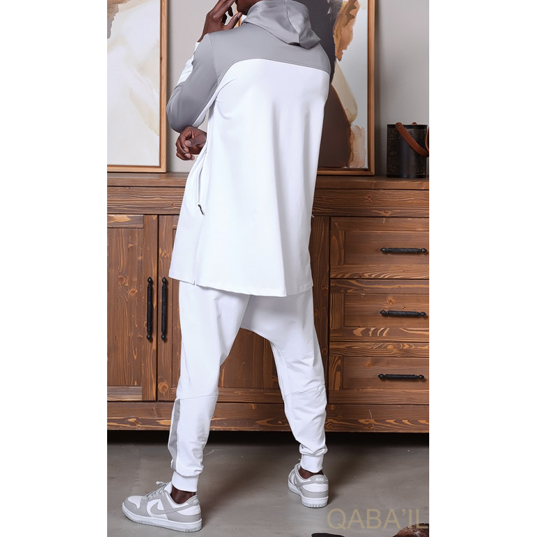 Ensemble Delta : Qamis Court + Sarouel - Blanc et Gris - Qaba'il