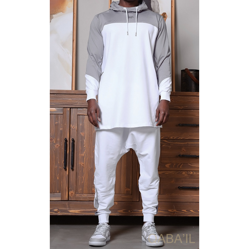 Ensemble Delta : Qamis Court + Sarouel - Blanc et Gris - Qaba'il