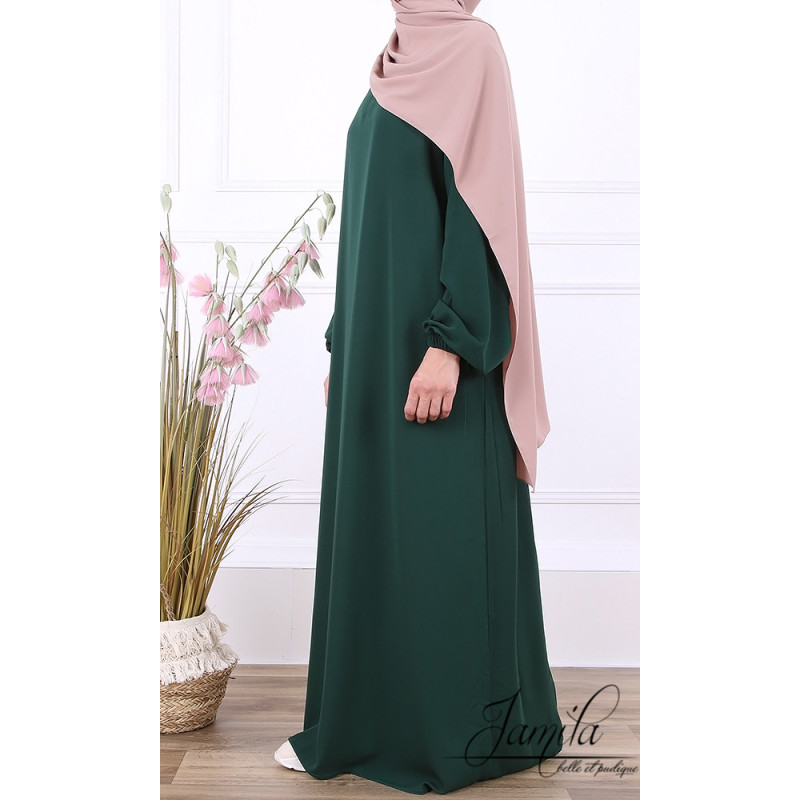 Abaya Manche Elastique - Vert Bouteille - Microfibre Léger - Jamila