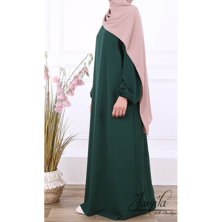 Abaya Manche Elastique - Vert Bouteille - Microfibre Léger - Jamila