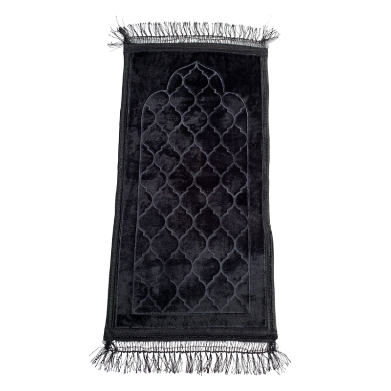 Tapis de Prière pour Enfant avec Motif Mirhab Noir - Doux, Épais et Anti-Dérapant - Dimension 42 x 80 cm