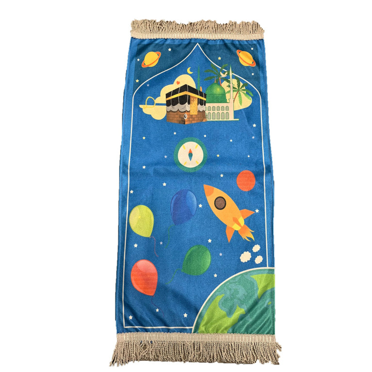 Tapis de Prière Bleu pour Enfant avec Planètes et Mekka et Medina Mounawara - Dimension 42 x 87 cm
