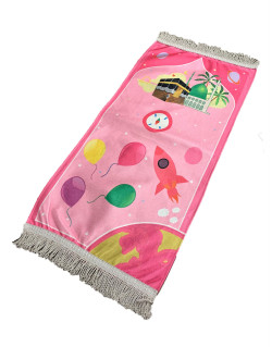 Tapis de Prière Rose pour Enfant avec Planètes et Mekka et Medina Mounawara - Dimension 42 x 87 cm