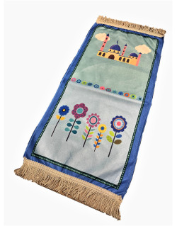 Tapis de Prière Bleu pour Enfant avec Planètes et Mekka et Medina Mounawara - Dimension 42 x 87 cm