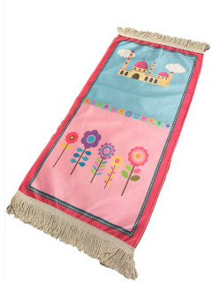 Tapis de Prière Bleu pour Enfant avec Planètes et Mekka et Medina Mounawara - Dimension 42 x 87 cm