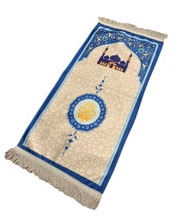 Tapis de Prière Bleu pour Enfant avec Planètes et Mekka et Medina Mounawara - Dimension 42 x 87 cm