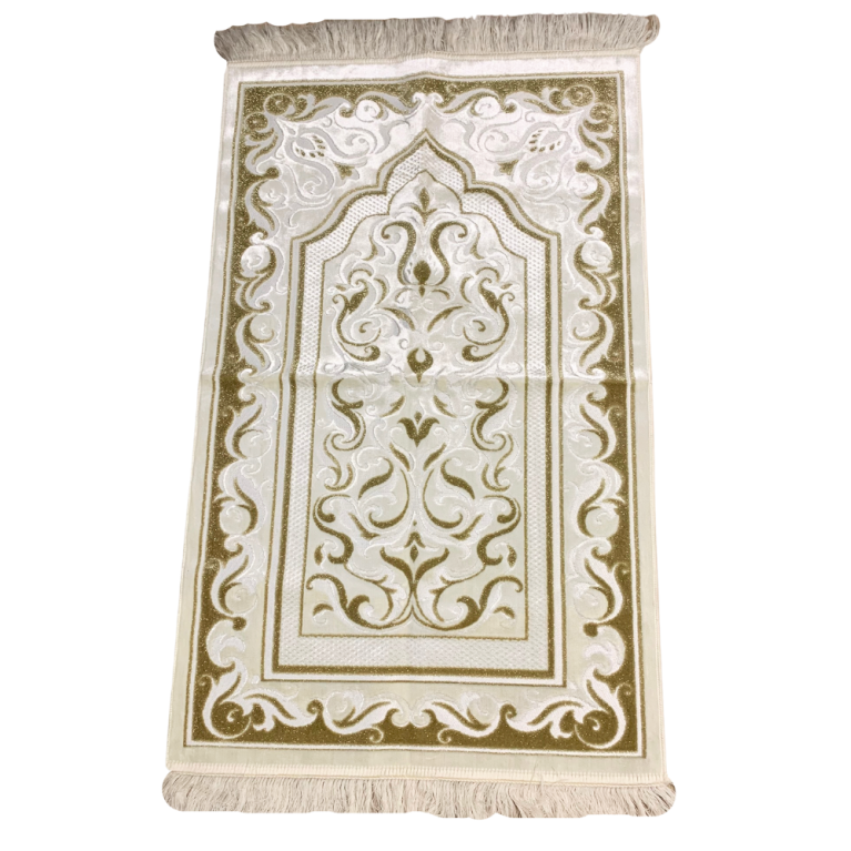 Tapis de Prière de Luxe Blanc Doré pour Adulte - Dimensions 73 x 110 cm