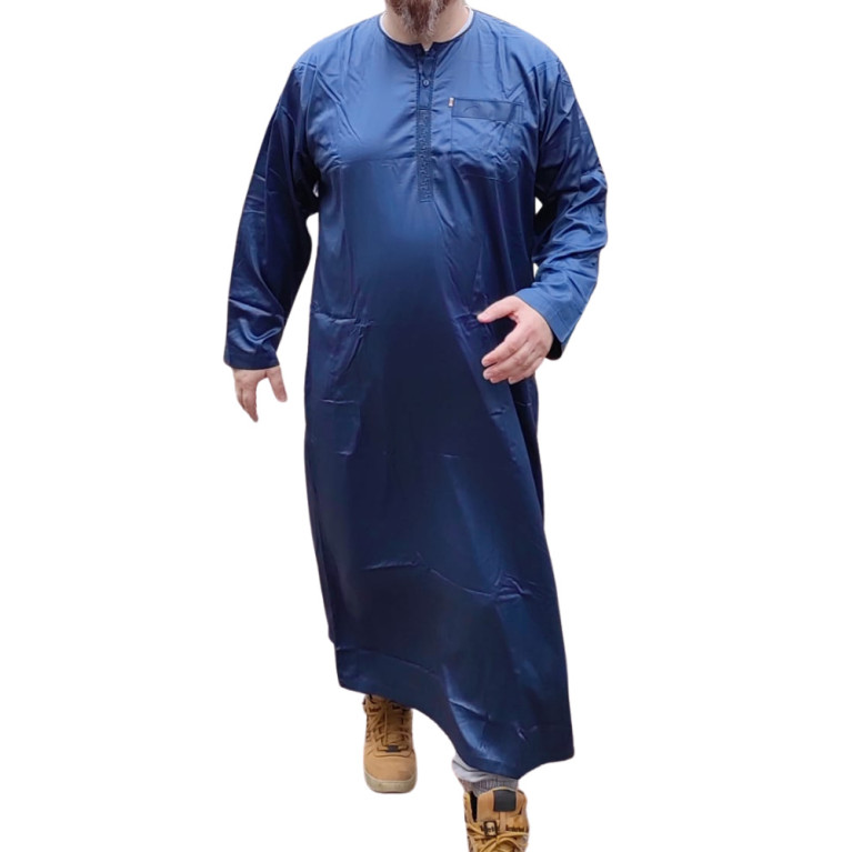 Qamis Long Omani Sans Col - Tissu Glacé Noir - Manche Longue Style Ikaf -Afaq