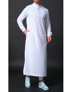 Qamis Subtile Long Blanc avec Broderie Vert Qaba'il