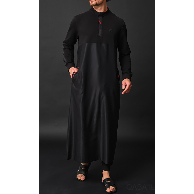 Qamis Subtile Long Noir avec Broderie Rouge Qaba'il