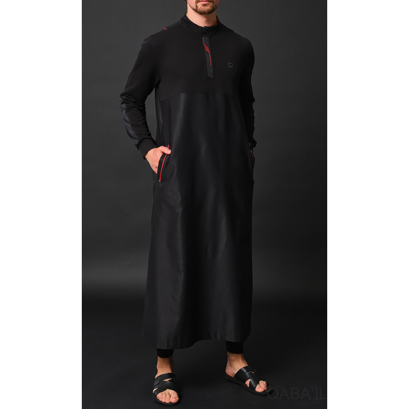 Qamis Subtile Long Noir avec Broderie Rouge Qaba'il