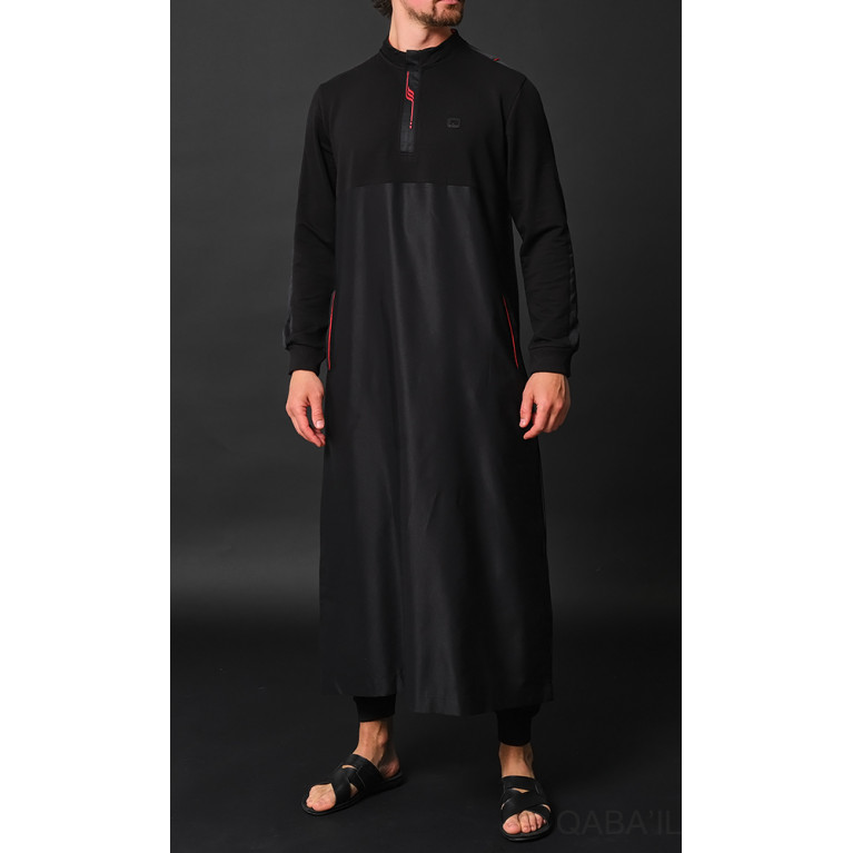 Qamis Subtile Long Noir avec Broderie Rouge Qaba'il