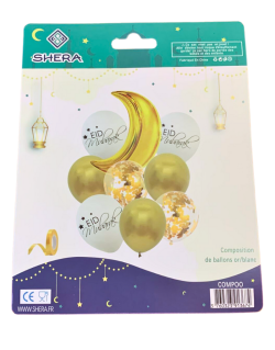 Décoration pour la fête de l'EID MUBARAK : 1 Lune Dorée + 3 Ballons Dorés, 3 Ballons Blancs Eid Mubarak et 2 Ballons Transparent