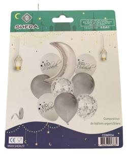 Décoration pour la fête de l'EID MUBARAK : 1 Lune Argentée + 3 Ballons Argentés, 3 Ballons Blancs Eid Mubarak et 2 Ballons Trans
