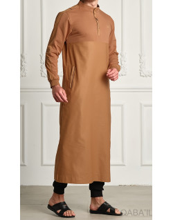 Qamis Subtile Long Camel avec Broderie Choco Qaba'il