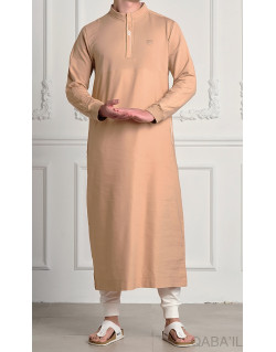 Qamis Subtile Long Beige avec Broderie Blanc Qaba'il