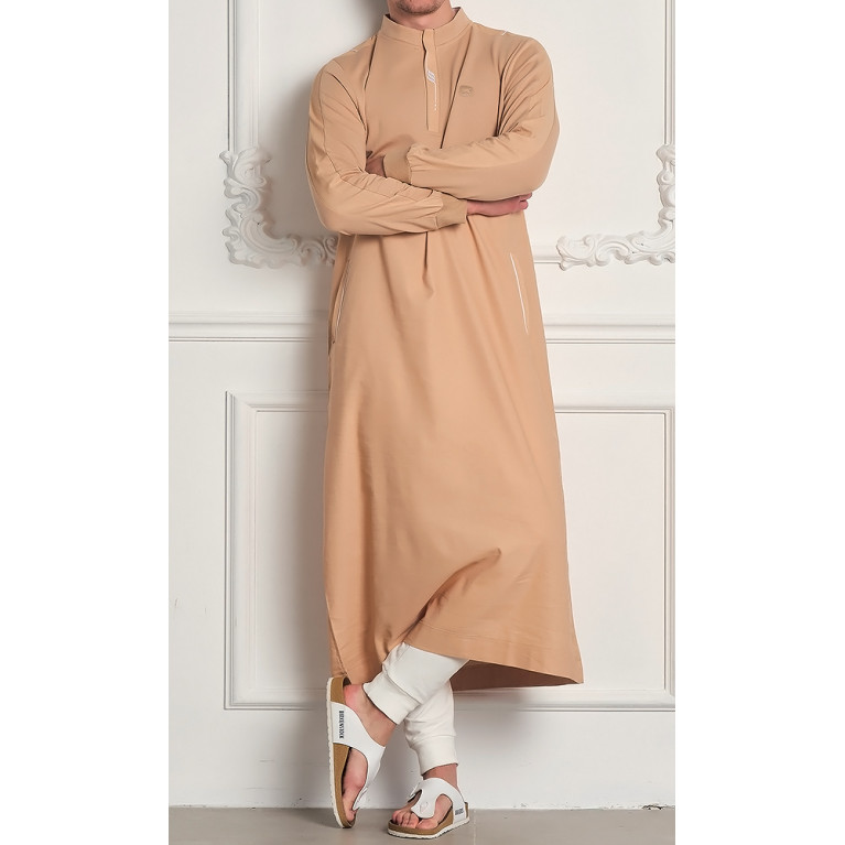 Qamis Subtile Long Beige avec Broderie Blanc Qaba'il