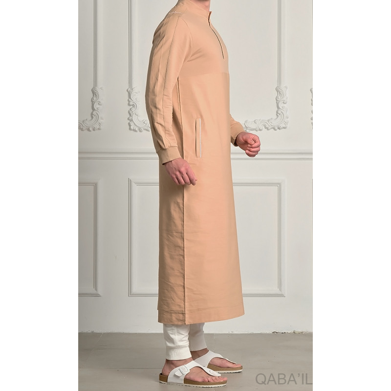 Qamis Subtile Long Beige avec Broderie Blanc Qaba'il