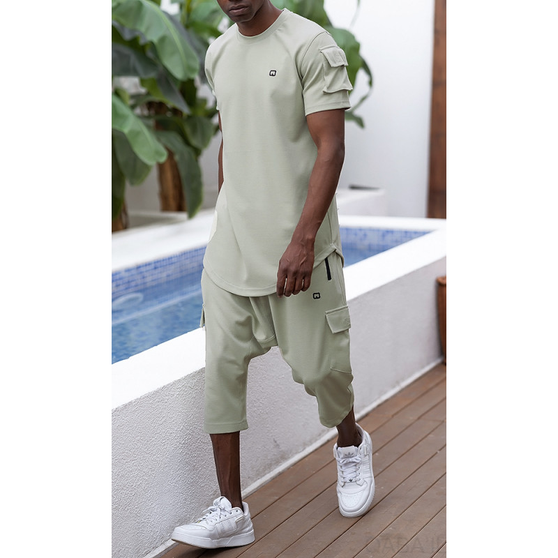 Ensemble IGO : Sarouel Cargo et T-shirt Vert Clair, Qaba'il