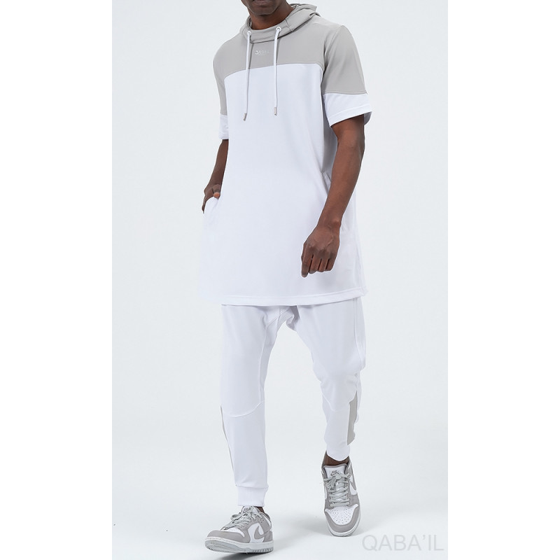 Ensemble Delta Light : Qamis Manche Court + Sarouel - Blanc et Gris Clair - Qaba'il