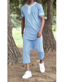 Ensemble Etniz - Manches Courtes et Pantacourt - Bleu Clair et Broderie Blanche- Qaba'il : S23