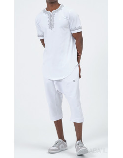 Ensemble Etniz - Manches Courtes et Pantacourt - Blanc et Broderie Grise- Qaba'il : S23