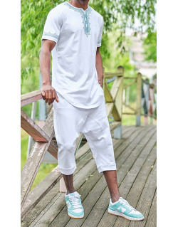 Ensemble Etniz - Manches Courtes et Pantacourt - Blanc et Broderie Vert Amande - Qaba'il : S23