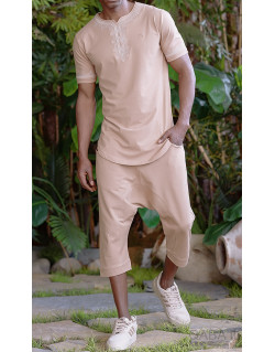 Ensemble Etniz - Manches Courtes et Pantacourt - Beige et Broderie Blanche - Qaba'il : S23