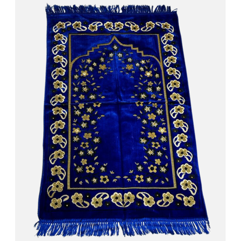Tapis de Prière Bleu Roir, Mirhab avec Fleurs - Confort Spirituel - Dimensions 69x119 cm