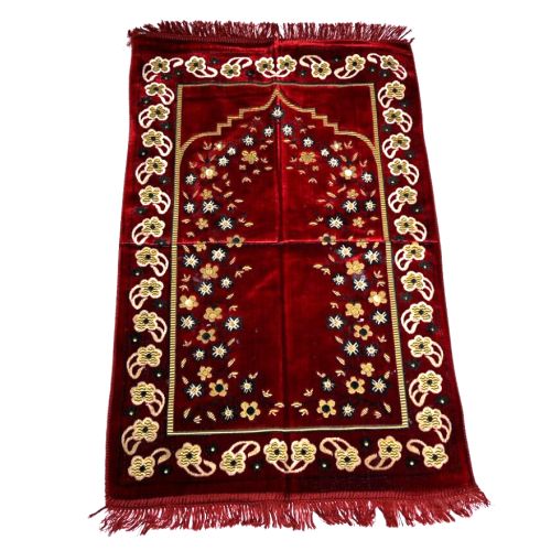 Tapis de Prière Bordeaux, Mirhab avec Fleurs - Confort Spirituel - Dimensions 69x119 cm