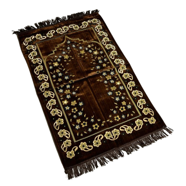 Tapis de Prière Marron, Mirhab avec Fleurs - Confort Spirituel - Dimensions 69x119 cm