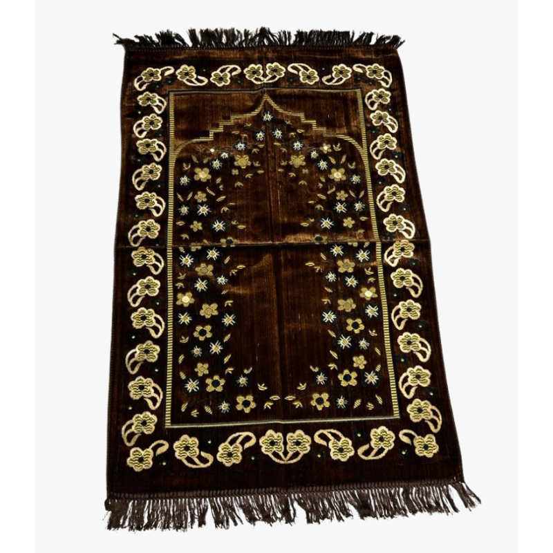 Tapis de Prière Marron, Mirhab avec Fleurs - Confort Spirituel - Dimensions 69x119 cm