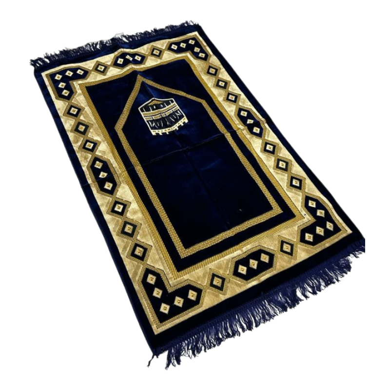 Tapis de Prière Bleu Nuit avec la Kaaba - Confort Spirituel