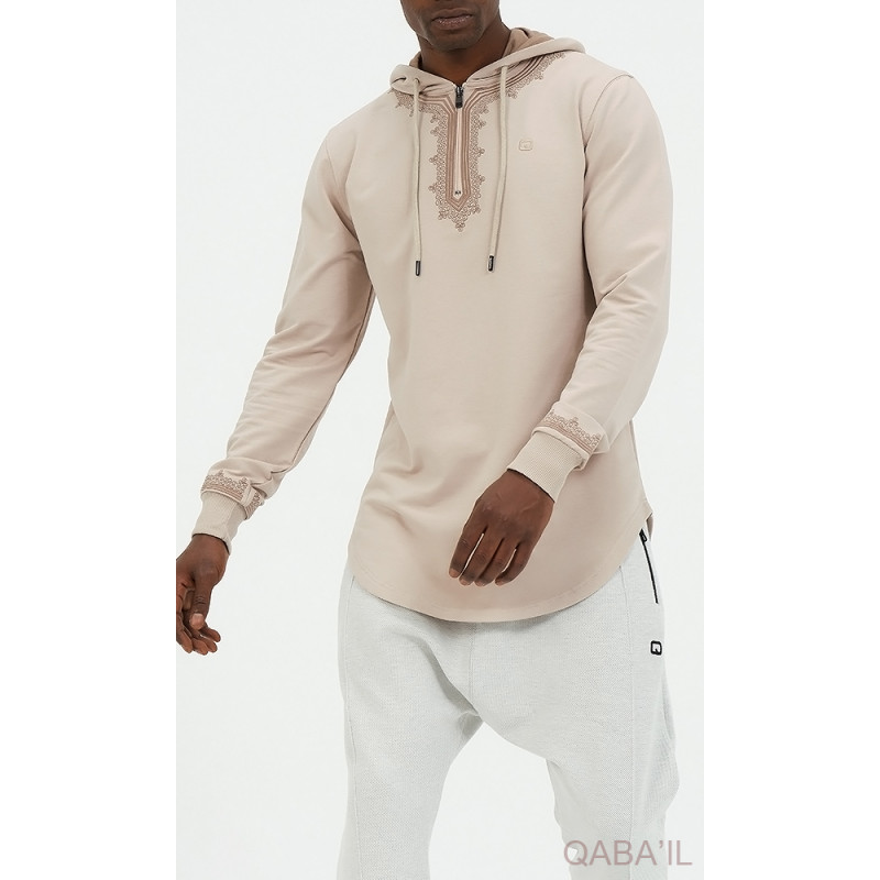 Sweat Beige et Broderie Taupe - Qaba'il : Etniz MA W24