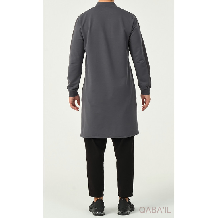 Qamis Court Gris Anthracite avec Broderie Blanche - Qaba'il : Subtile 