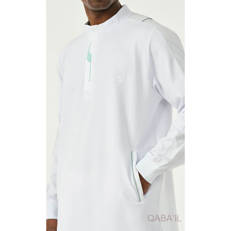 Qamis Court Blanc avec Broderie Vert Amande - Qaba'il : Subtile 