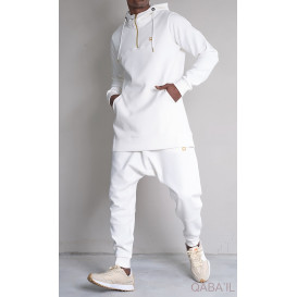 Qamis Court à Capuche avec son Sarouel, Ensemble Blanc QC Relaxed Premium : Qaba'il