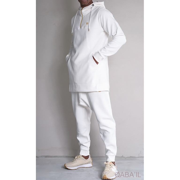 Qamis Court à Capuche avec son Sarouel, Ensemble Blanc QC Relaxed Premium : Qaba'il