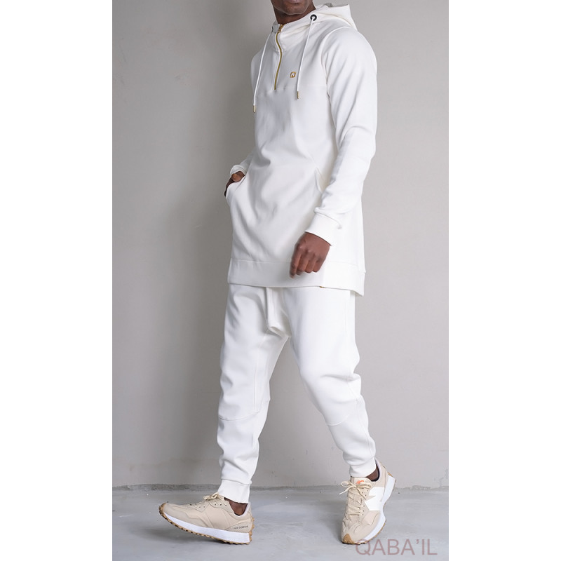 Qamis Court à Capuche avec son Sarouel, Ensemble Blanc QC Relaxed Premium : Qaba'il