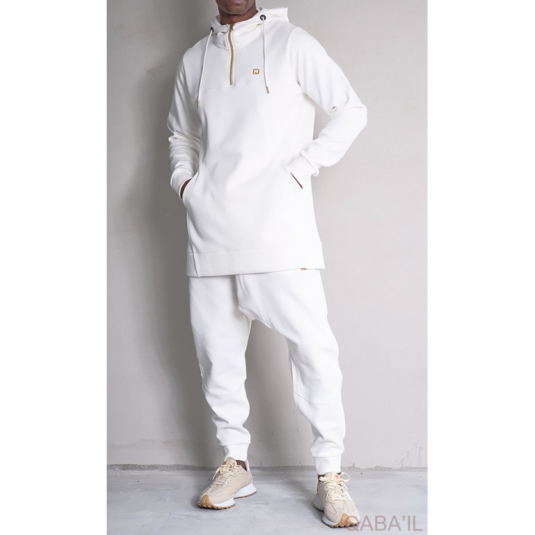 Qamis Court à Capuche avec son Sarouel, Ensemble Blanc QC Relaxed Premium : Qaba'il