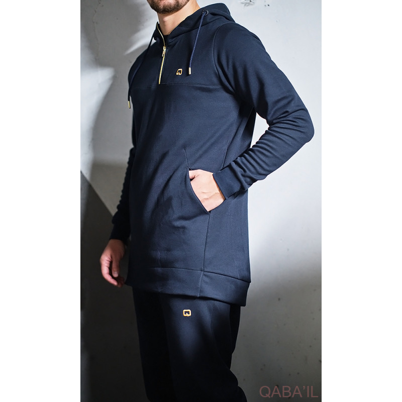 Qamis Court à Capuche avec son Sarouel, Ensemble Bleu Nuit QC Relaxed Premium : Qaba'il