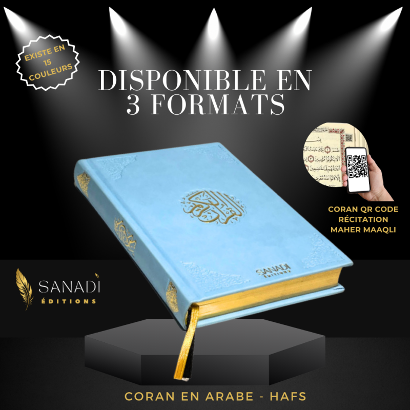 Le Saint Coran Arabe de Luxe avec QR Code - Bleu Ciel - Petit Format- 12,50 X 16,50 cm - Editions Sanadi