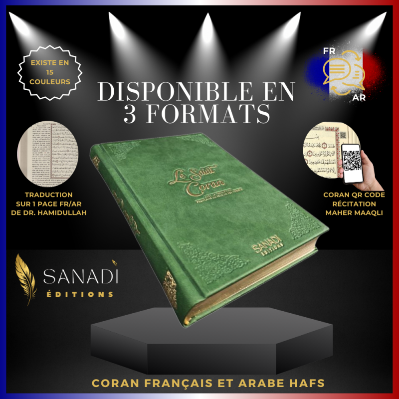 Coran Bilingue de Luxe Fr/Ar avec QR Code - Éditions Sanadi - Vert en 3 Tailles