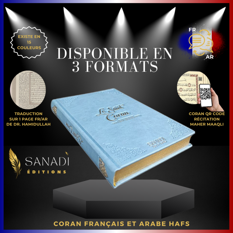 Coran Bilingue de Luxe Fr/Ar avec QR Code - Éditions Sanadi - Bleu Ciel en 3 Tailles