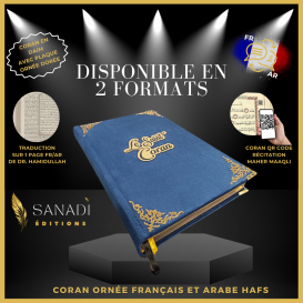 Coran Bilingue Couverture en Daim de Luxe avec Dorure - Fr/Ar avec QR Code - Éditions Sanadi - Bleu Nuit en 3 Tailles