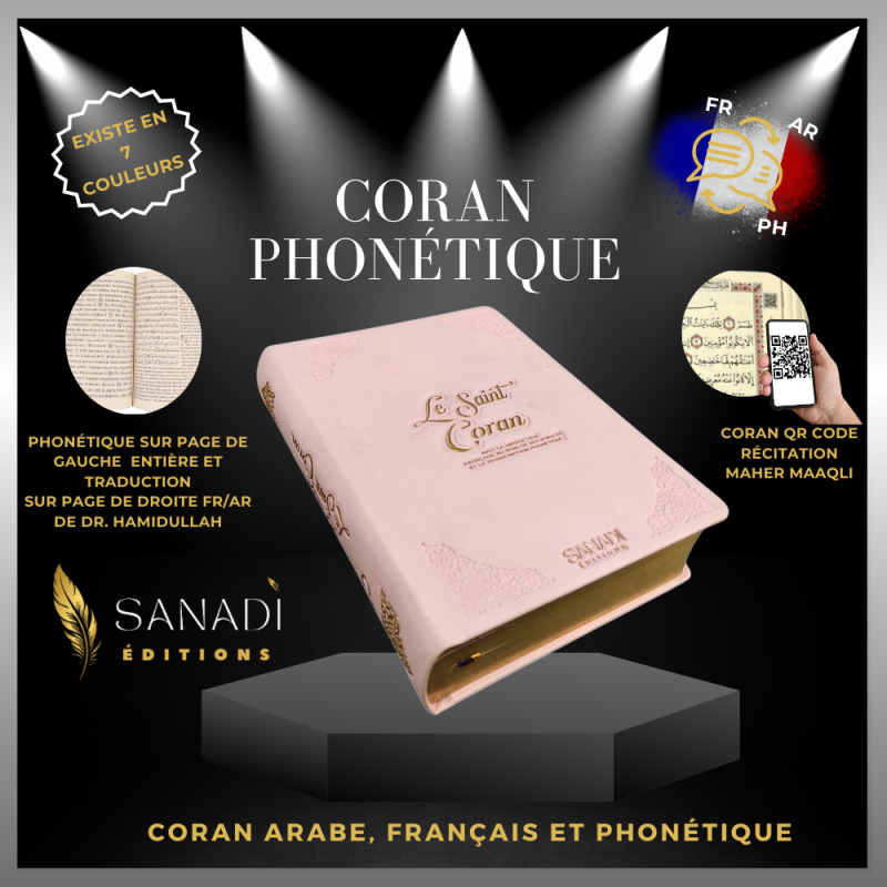 Coran de Luxe Fr/Ar et Phonétique avec QR Code - Rose Pâle - Tailles : 13,50 x 20 cm - Éditions Sanadi 